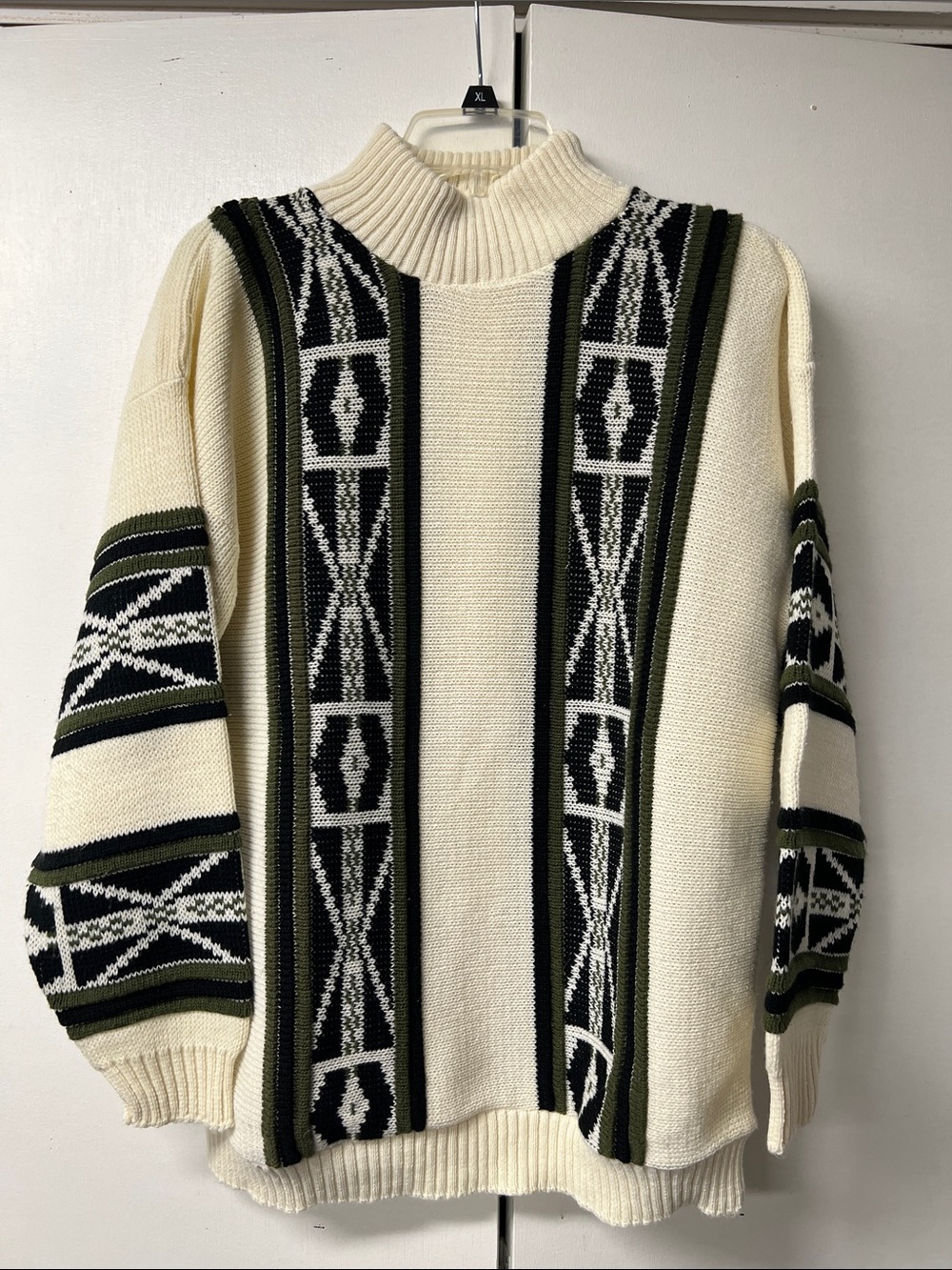Cream Vintage Knit Sweater with Black & Olive Geometric Stripes